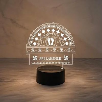 3D Illusion Sri Laxmi Charan Night Lamp with Warm White Light  Diwali Home Decoration Light  Blessing Gift for Diwali  Diwali Gift for Family & Friends